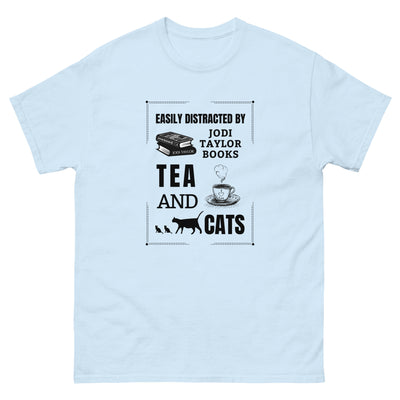 Easily Distracted by Jodi Taylor Books, Tea and Cats Unisex T-Shirt (UK, Europe, USA, Canada and Australia)
