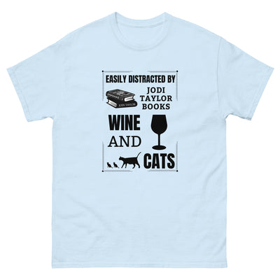 Easily Distracted by Jodi Taylor Books, Wine and Cats Unisex T-Shirt (UK, Europe, USA, Canada and Australia)