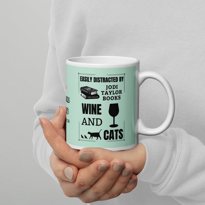 Easily Distracted by Jodi Taylor Books, Wine and Cats Mug in Three Sizes (UK, Europe, USA, Canada and Australia)