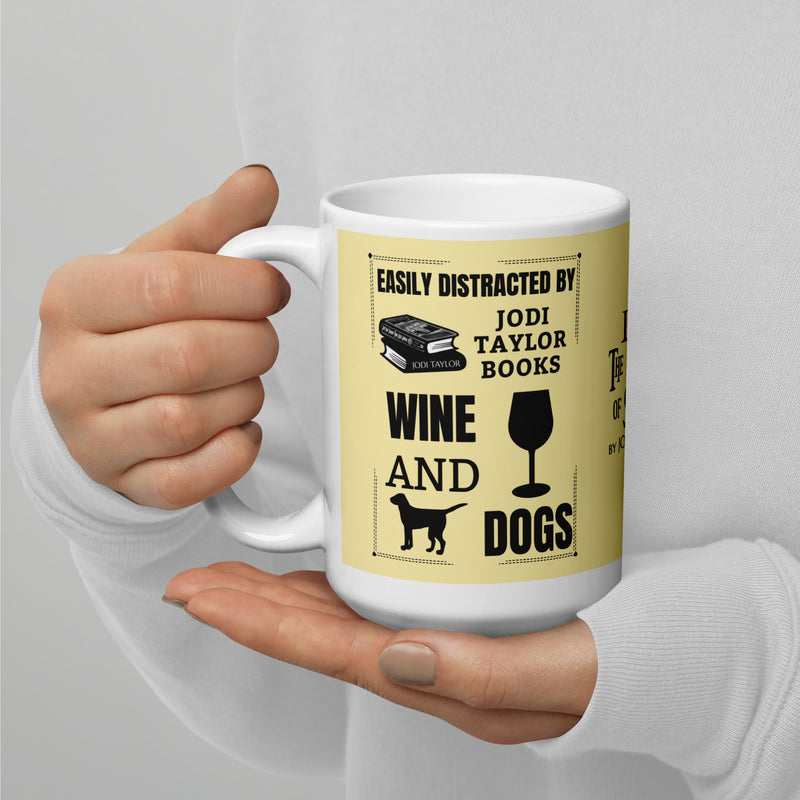 Easily Distracted by Jodi Taylor Books, Wine and Dogs Mug in Three Sizes (UK, Europe, USA, Canada and Australia)