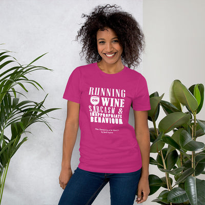 Running on Wine Sarcasm and Inappropriate Behaviour Short-Sleeve Unisex T-Shirt - Jodi Taylor Books